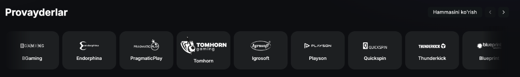 Sneket Casino provayderlari: BGaming, Pragmatic Play, Evolution Gaming, NetEnt, Microgaming, Play'n GO, Hacksaw Gaming va boshqalar